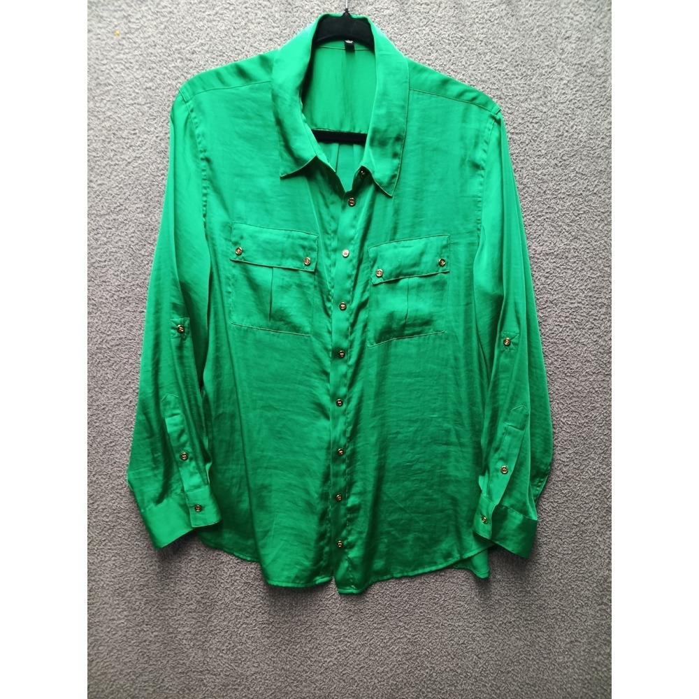 CHAUS Women L Green Button Front Blouse‎ Roll Tab Sleeve Utility